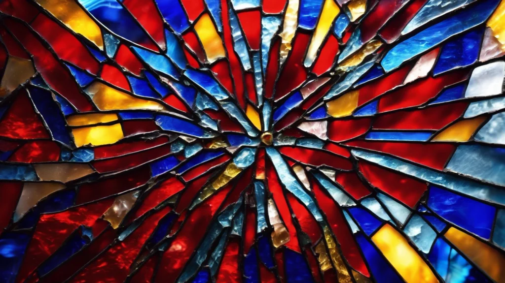 Colorful mosaic window pane with vibrant reds and blues, symbolizing the complex connection between inflammation and colorectal cancer.