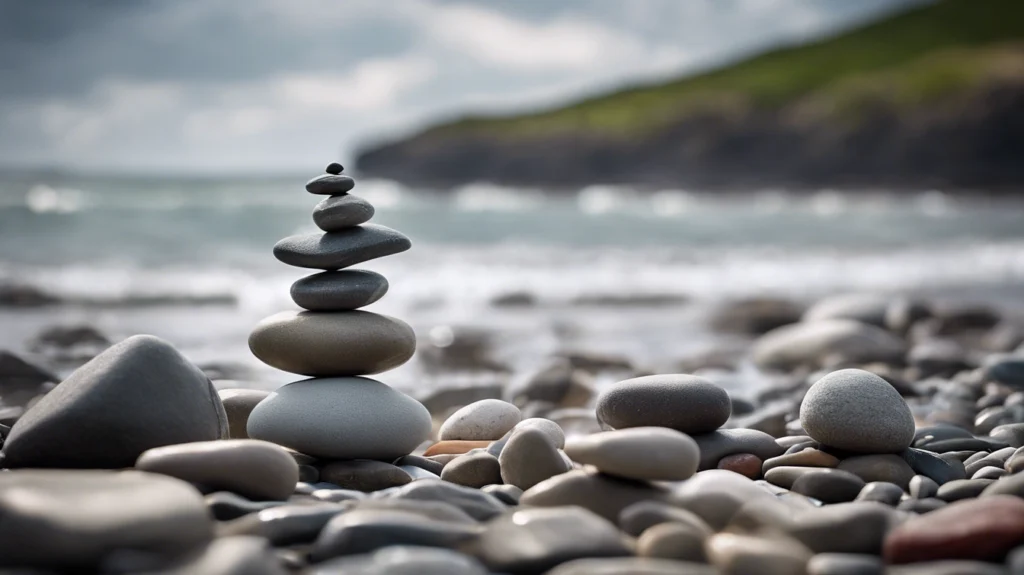 Stacked river stones on a rocky shore overlooking a calm lake, symbolizing the balance needed to manage Type 2 Diabetes and reduce colon cancer risks.