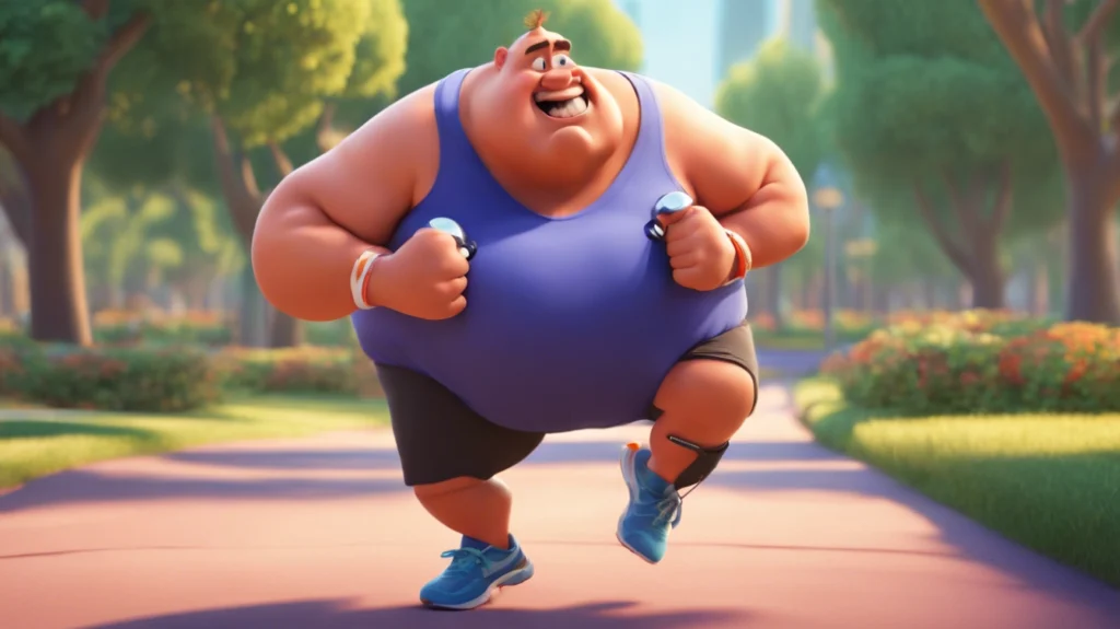 Overweight man in a purple shirt, sweating and tired while running through a park, symbolizing the connection between obesity and colon cancer risk.