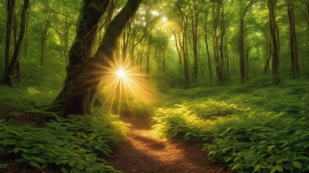 Trail surrounded by vibrant foliage with light shining at the end, symbolizing the path to better health through naturally boosting Vitamin D levels to fight colon cancer.