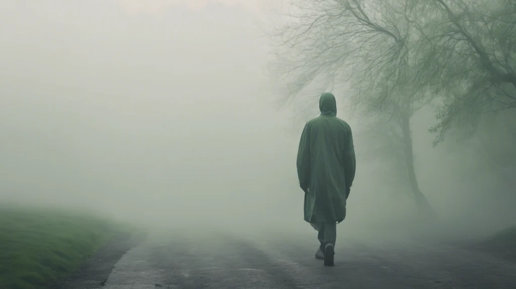 Man in a rain jacket walking down a foggy road, symbolizing the hidden dangers of everyday pollutants that can impact colon cancer risks