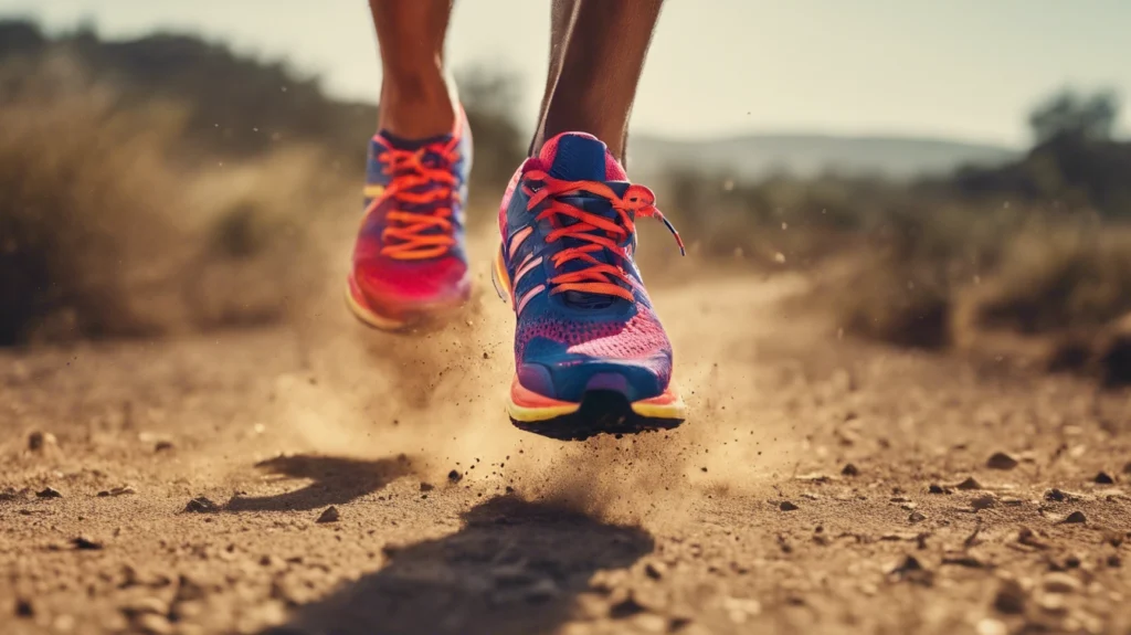 Close-up of a person running on a dusty trail in bright shoes, symbolizing the role of physical activity in reducing colon cancer risk.