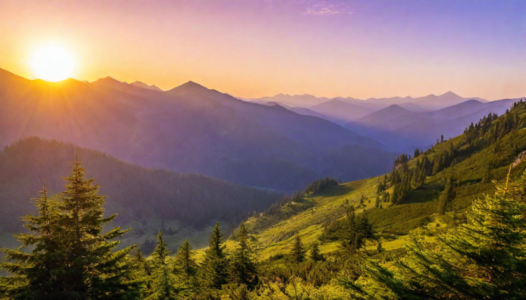 Sunset over a valley with mountains and trees, symbolizing peace, resilience, and mental well-being in the journey of colon cancer recovery.