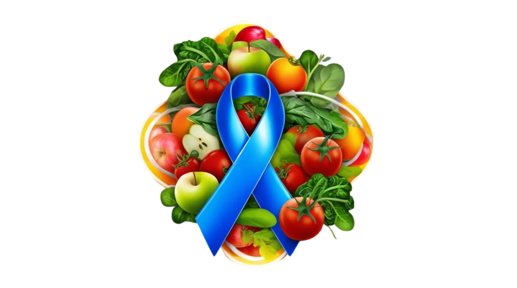 A blue ribbon placed over fresh fruits and vegetables, symbolizing colon cancer awareness and the role of a healthy diet