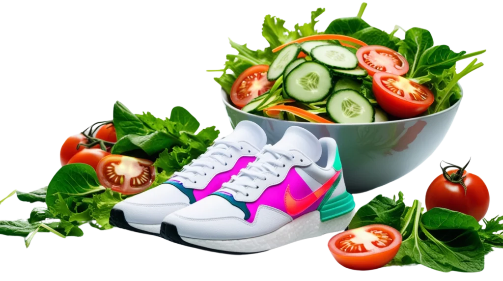 Running shoes placed next to a fresh salad, symbolizing the role of exercise and healthy eating in colon cancer prevention