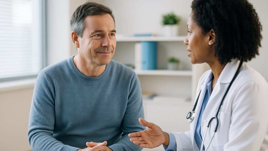 Middle-aged man listening to his doctor explain colon cancer treatment options in a friendly clinic setting