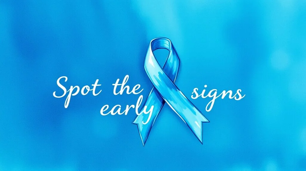 A blue colon cancer awareness ribbon with the text 'Spot the Early Signs' emphasizing the importance of recognizing early symptoms of colon cancer