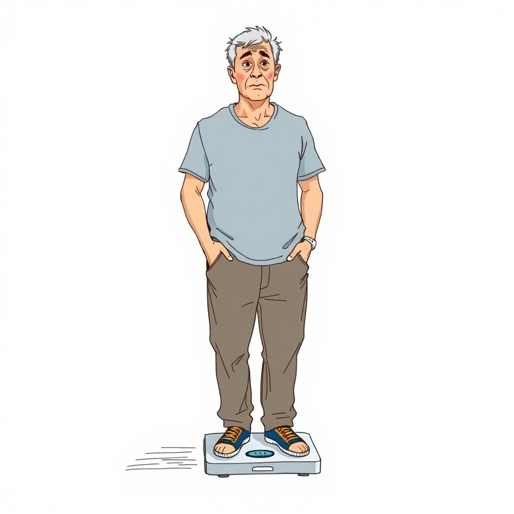 A middle-aged man standing on a doctor’s office-style dial scale, looking down with concern about unexpected weight loss, a potential early sign of colon cancer.
