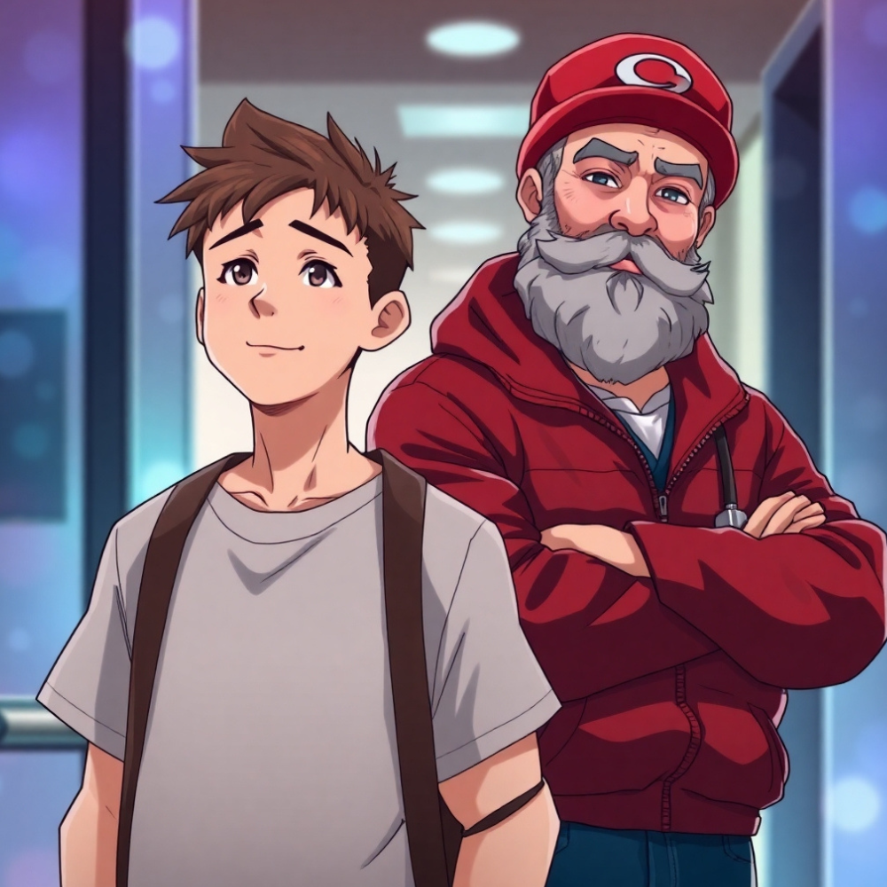 A relieved and happy trainee in gym clothes walking out of a doctor’s office, holding a medical report, as his overzealous football coach nods with pride
