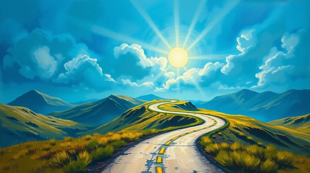 A colorful roadmap illustrating the journey to colon cancer prevention with key milestones like symptoms awareness, screenings, and healthy lifestyle choices