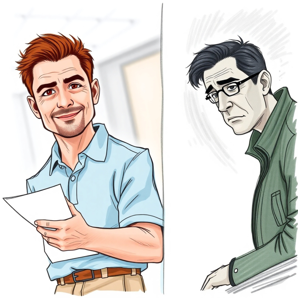 A split-screen image of a man leaving a doctor’s office smiling on one side and looking worried in a waiting room on the other, representing early vs. late colon cancer detection.
