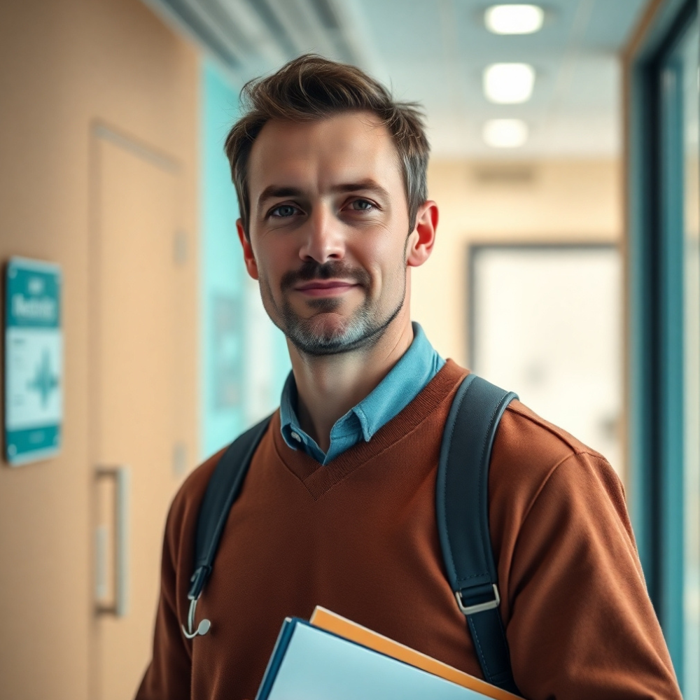 A middle-aged man leaving a doctor’s office smiling and holding his colon cancer screening results, looking relieved and confident about his health.