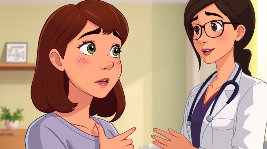 Female doctor talking with a patient about colon cancer symptoms in women in a warm, supportive clinic setting.