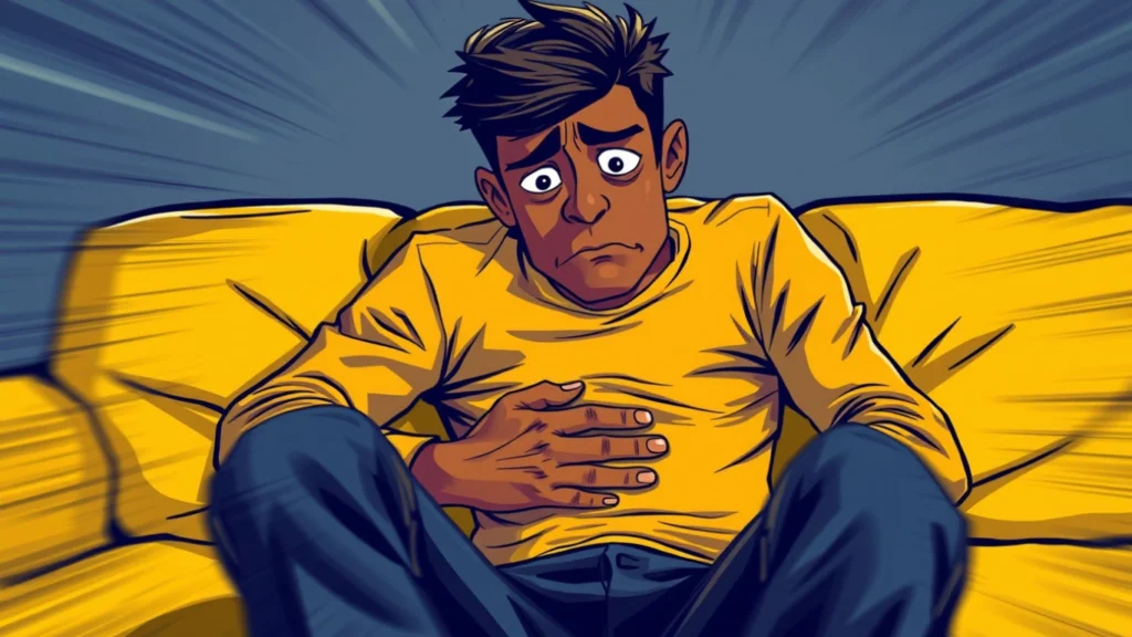 A person with olive skin sitting on a mustard yellow couch, holding their stomach with a worried expression, symbolizing common colon cancer symptoms.