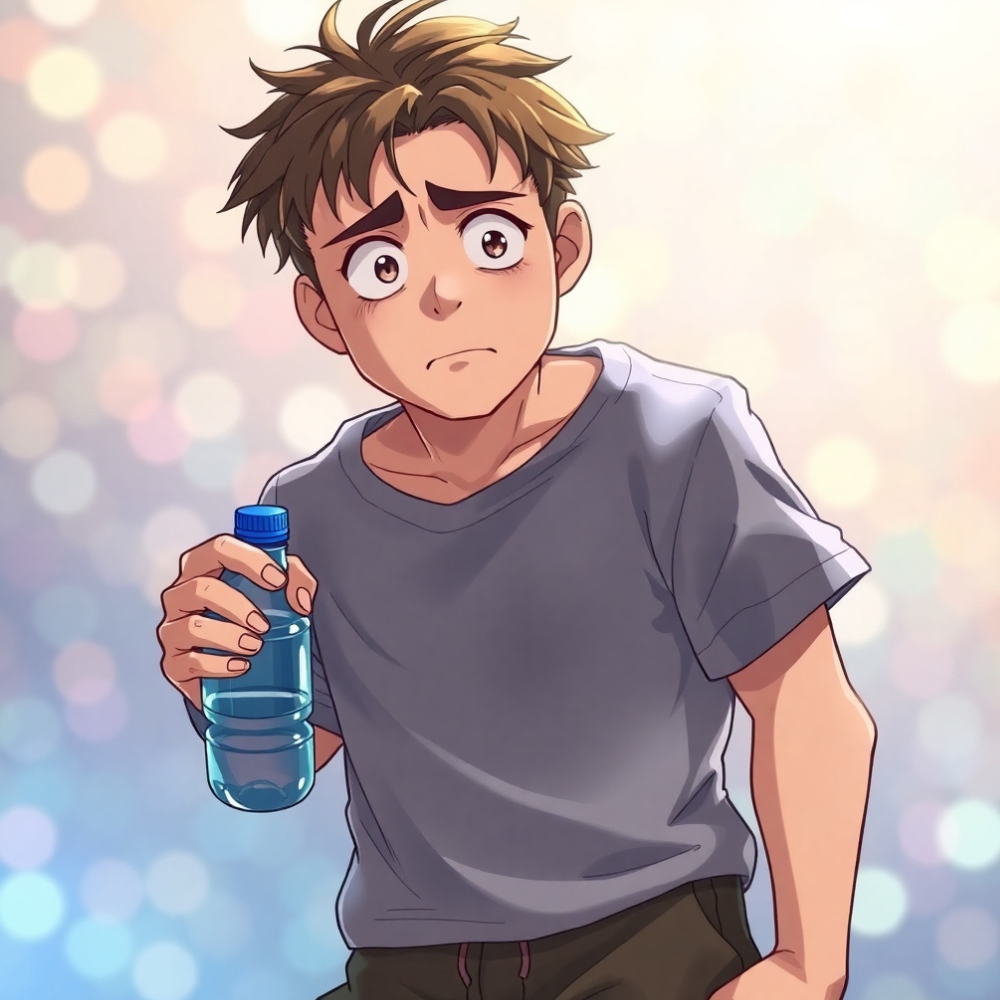 A slightly overweight, mid-30s trainee with short brown hair, looking overwhelmed and uncertain as he prepares for intense colon cancer prevention training.