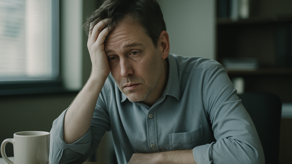 Fatigued middle-aged man sitting at office desk with head in hand, showing signs of exhaustion and pale complexion