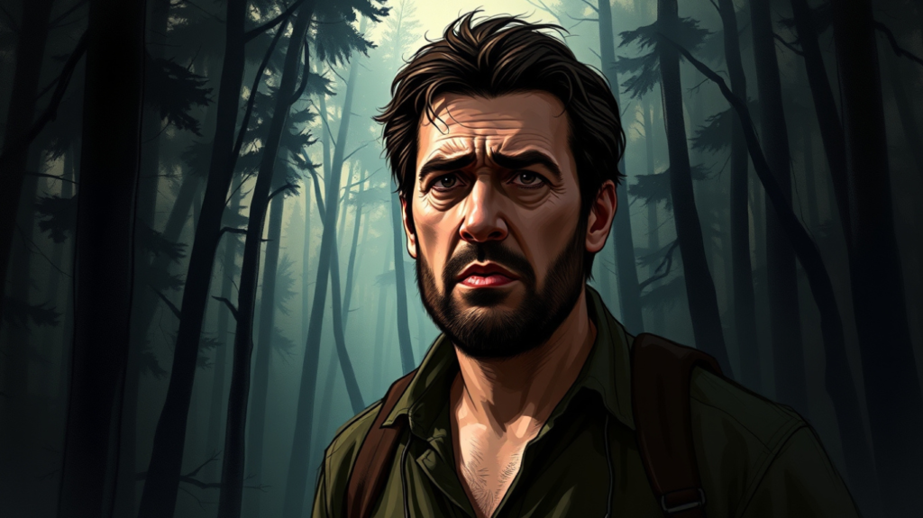 A distressed man standing alone in the wilderness, looking lost and overwhelmed, symbolizing the fear and uncertainty of a colon cancer diagnosis