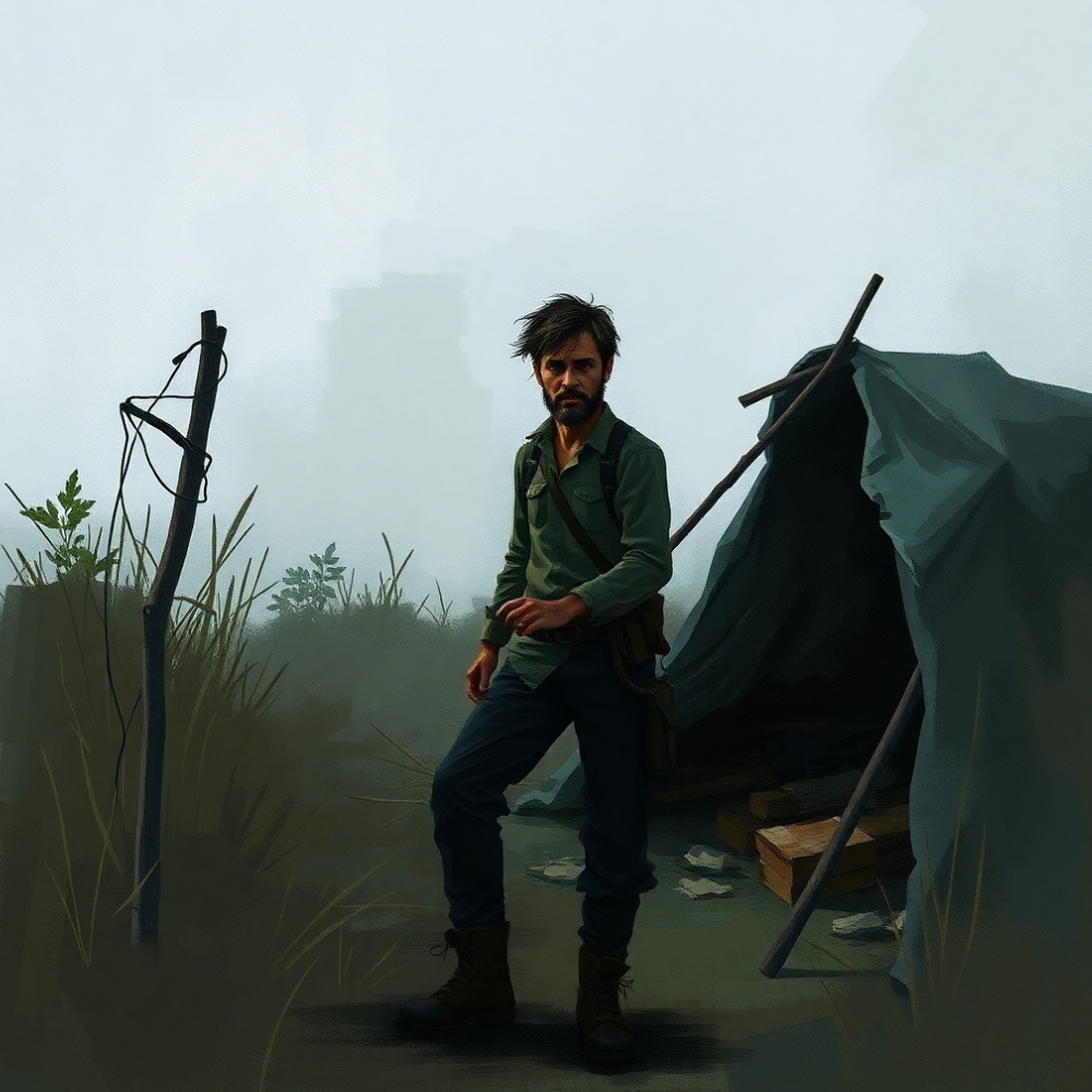 A determined man searching for shelter in the wilderness, representing a colon cancer patient learning about treatment options and survival rates.