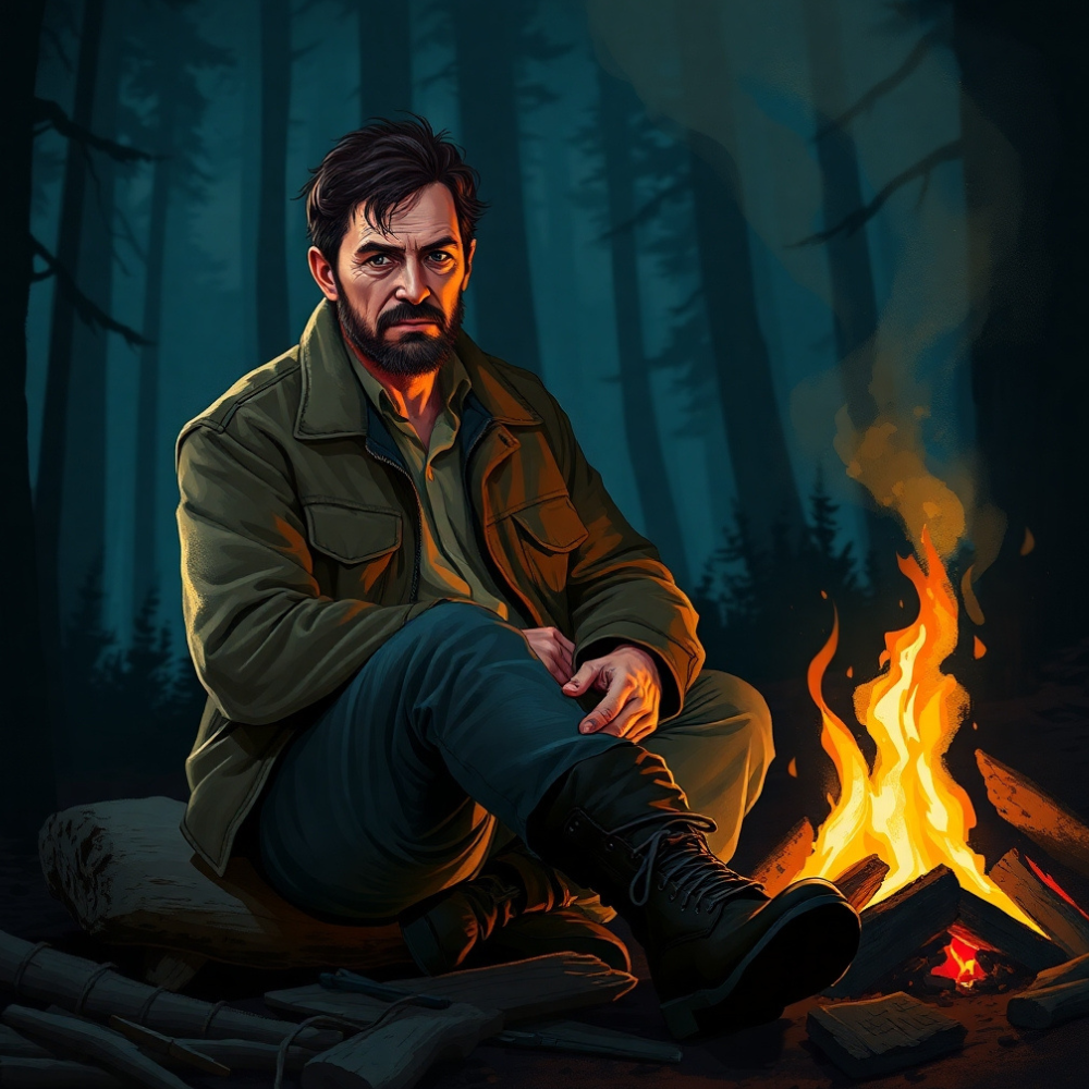 A man sitting by a fire in the wilderness, looking more in control and hopeful, representing progress in the colon cancer survival journey.