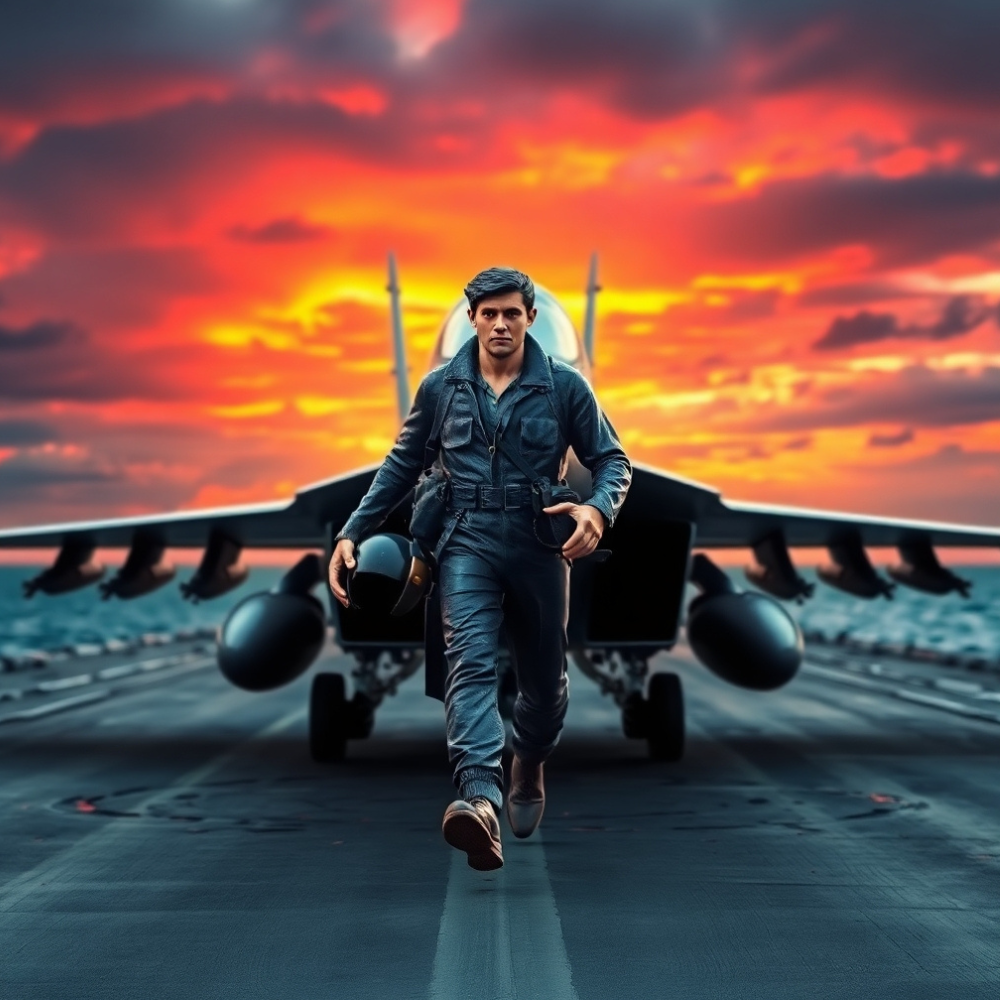 A fighter pilot confidently walking away from his jet on the runway, symbolizing a victorious battle against colon cancer in men.