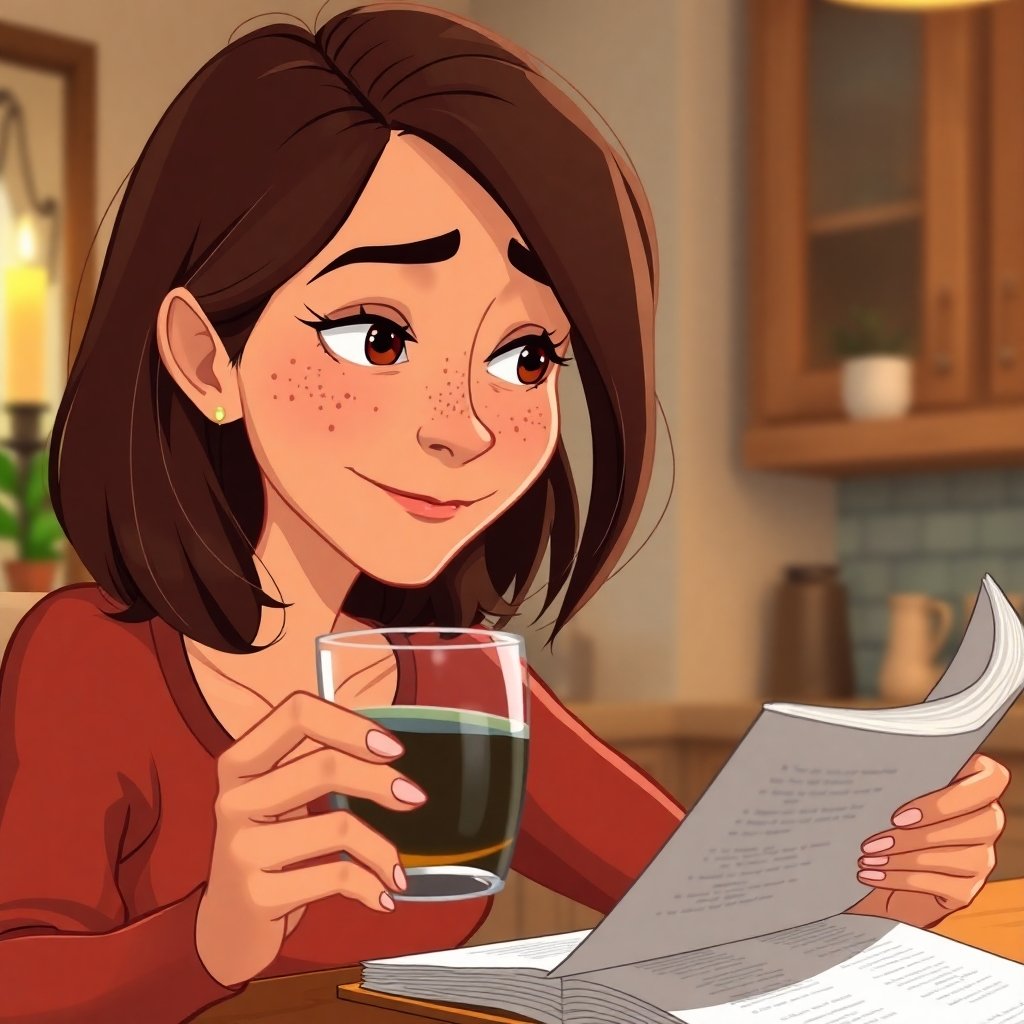 Freckled woman reading a book and sipping tea—reminding women to stay mindful of colon cancer symptoms in women.