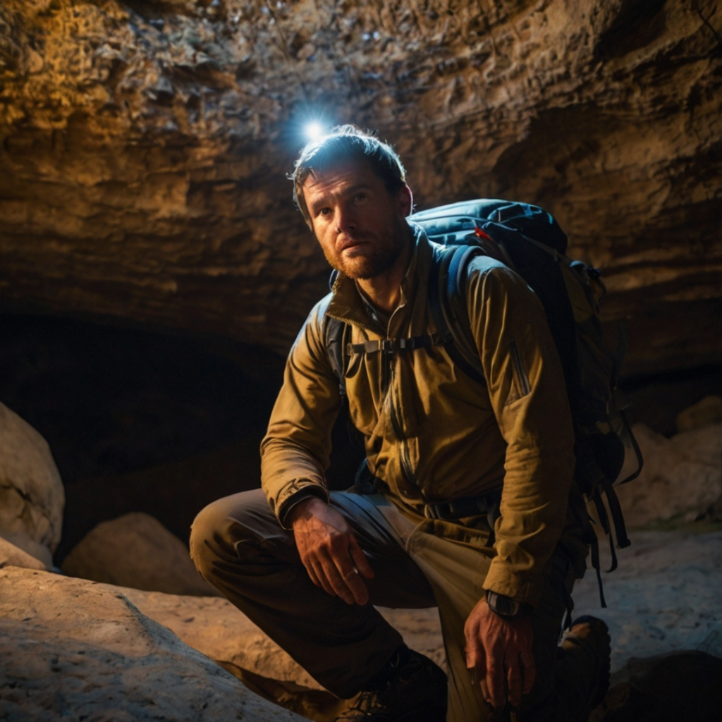 Explorer Alex faces a massive rockfall blocking the cave path, studying a torn map for an alternate route.