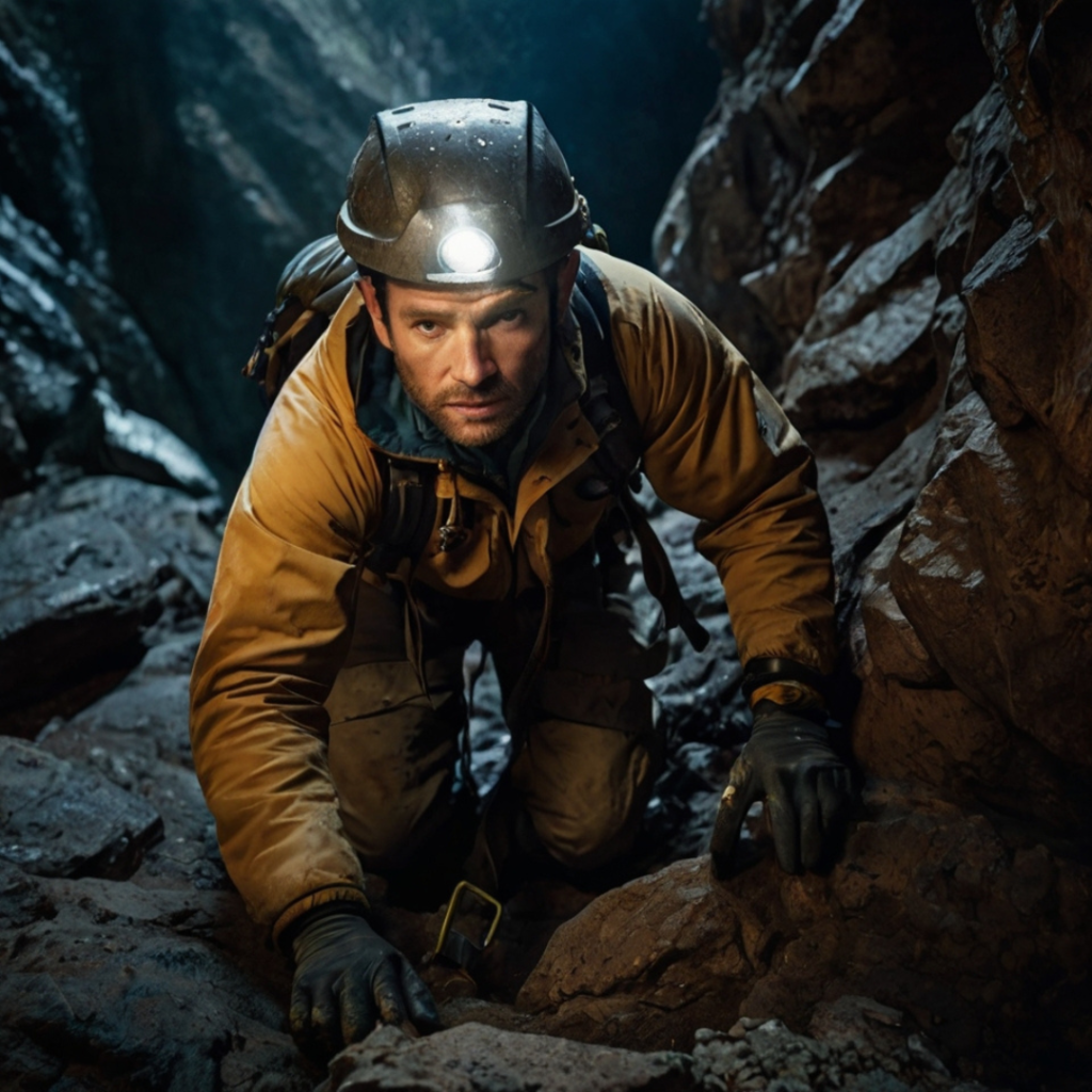 Explorer Alex falls into a dark pit as the cave floor collapses, symbolizing the danger of ignoring colon cancer symptoms.