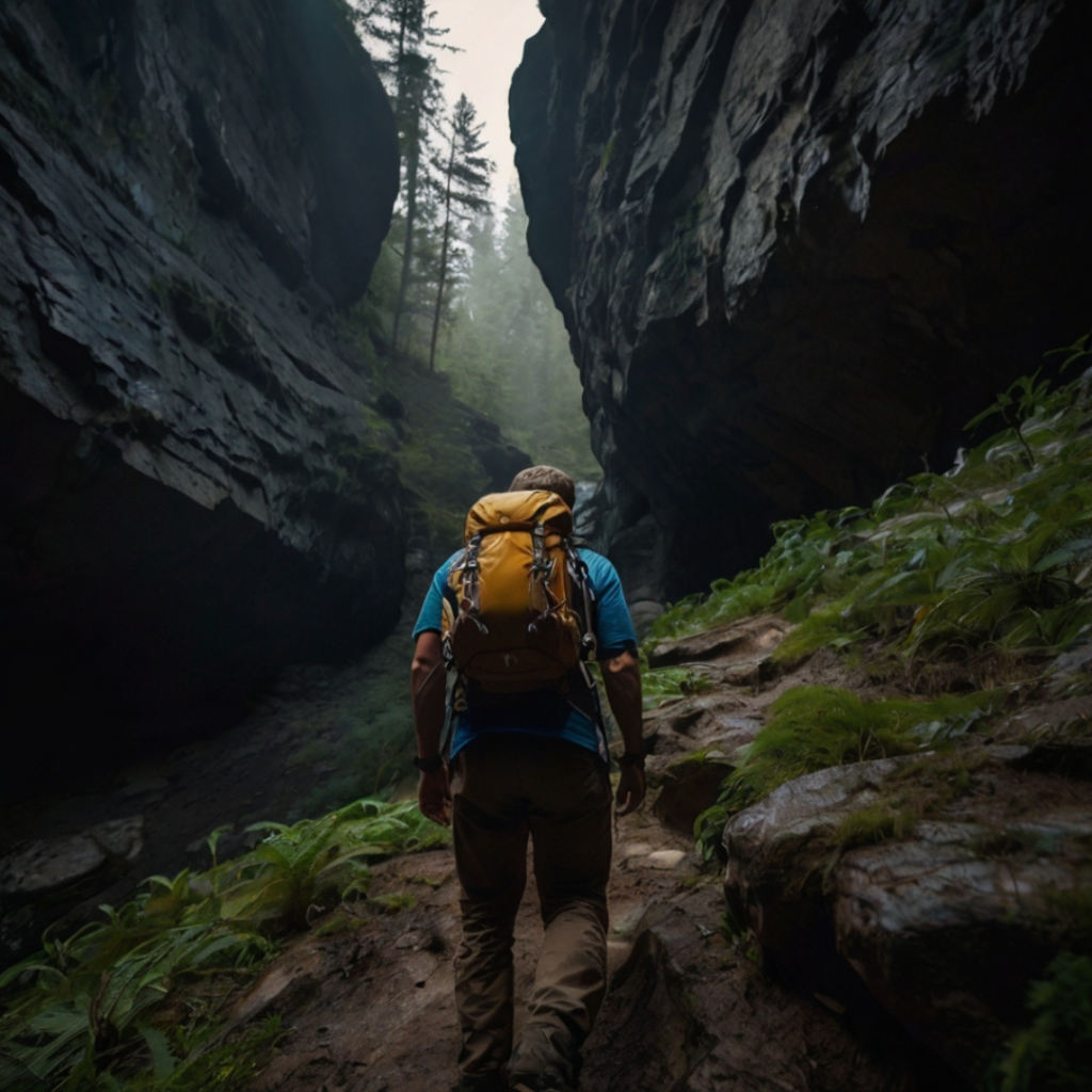 Explorer Alex cautiously steps into the dark cave, lantern flickering, shadows stretching across twisted rock formations resembling intestines.