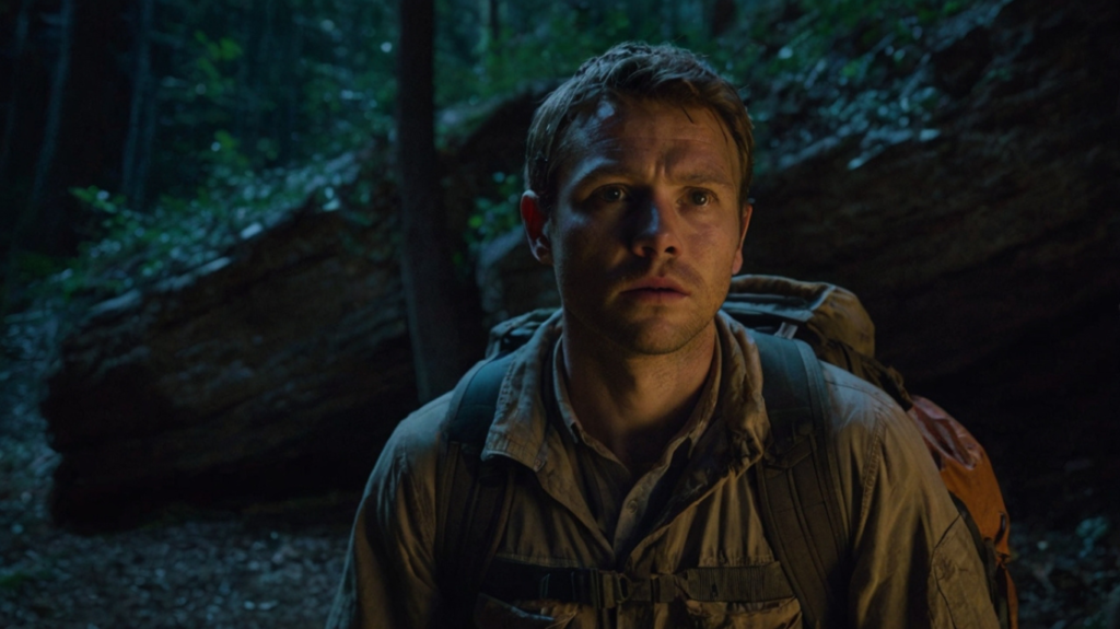 Rugged explorer Alex standing at a forest crossroads, holding an unrolled map and unlit lantern, facing a dark cave entrance with glowing warnings.