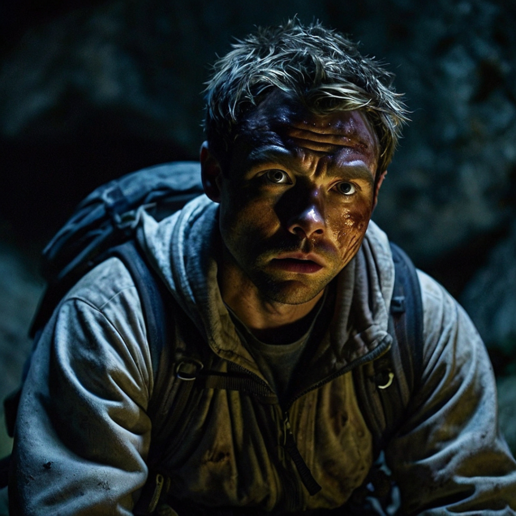 Shadowy figures on cave walls whisper doubts to explorer Alex, warning signs blending into the darkness.
