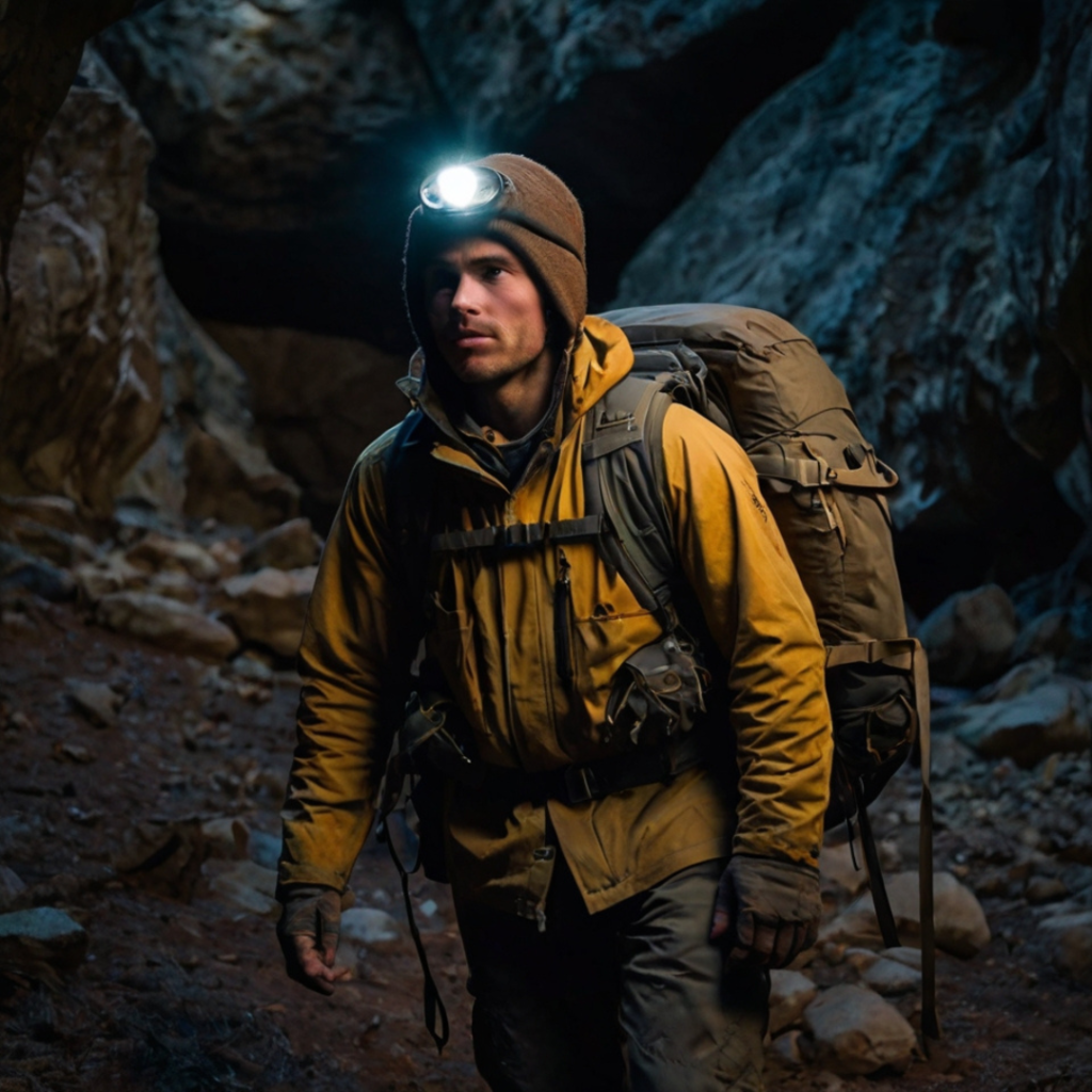 Explorer Alex inspects glowing cave carvings revealing hidden colon cancer symptoms like bloating and blood in stool.