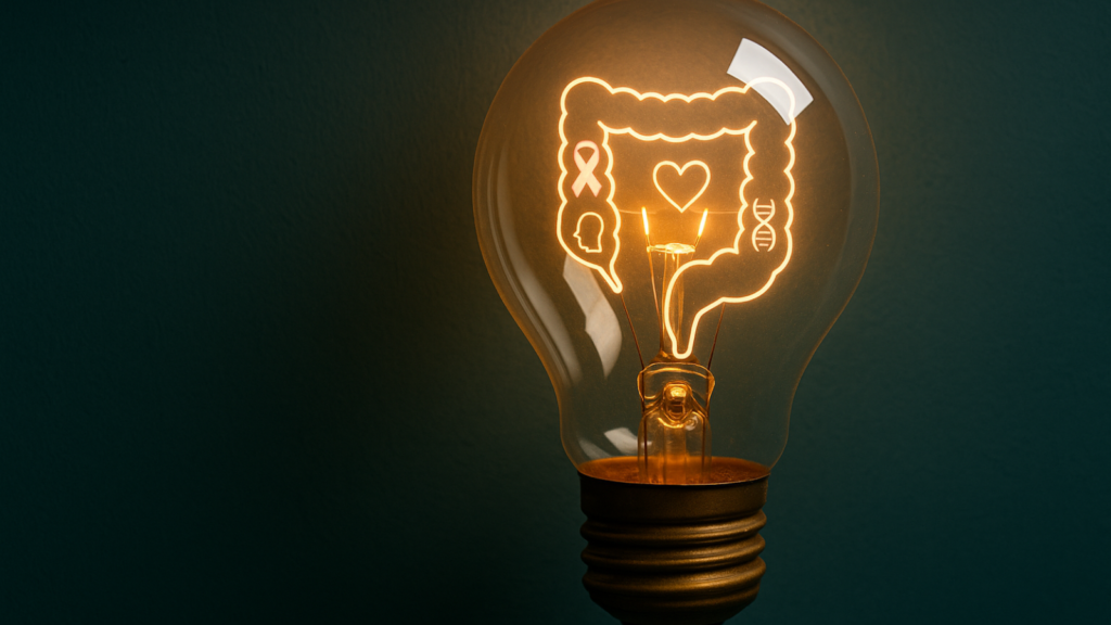 Glowing light bulb surrounded by health icons symbolizing colon cancer awareness ideas
