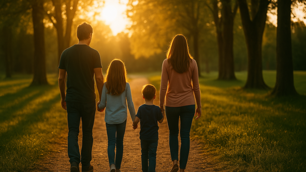 A family walking hand in hand at sunset, symbolizing support and hope